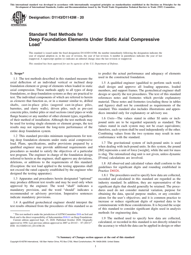 ASTM D1143/D1143M-20 - Standard Test Methods for Deep Foundation Elements Under Static Axial Compressive Load