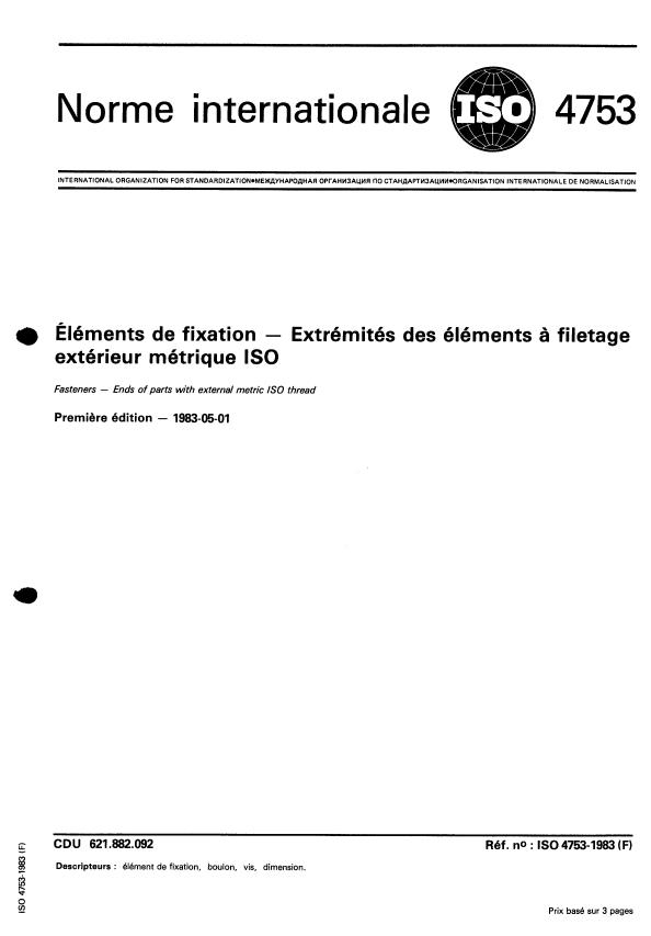 ISO 4753:1983 - Éléments de fixation -- Extrémités des éléments a filetage extérieur métrique ISO