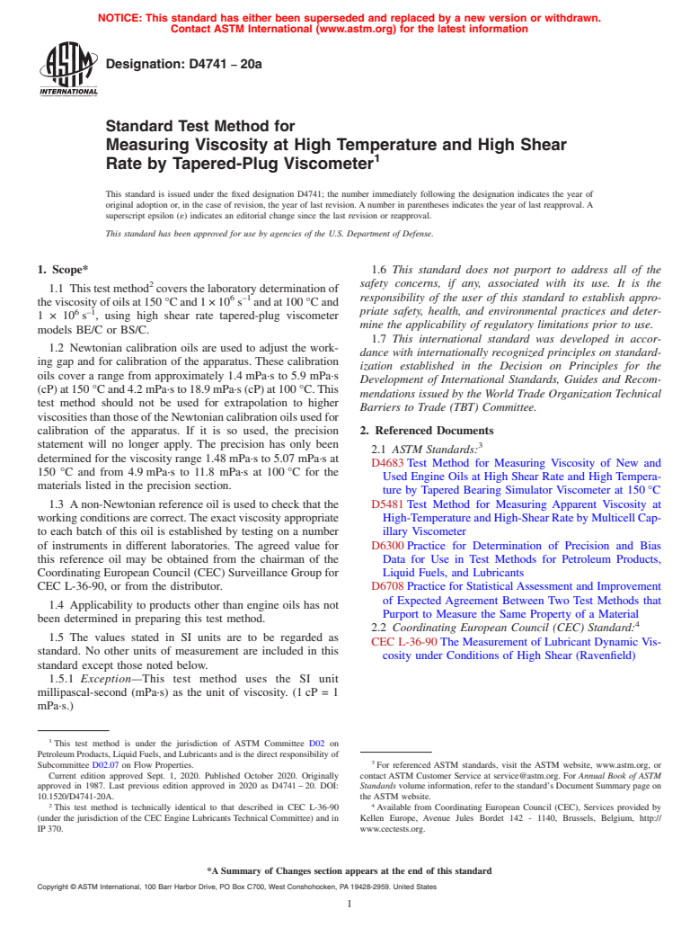 ASTM D4741-20a - Standard Test Method for Measuring Viscosity at High Temperature and High Shear Rate  by Tapered-Plug Viscometer