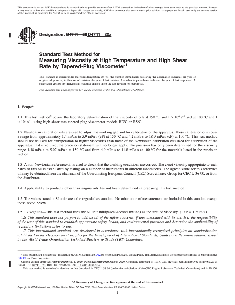 REDLINE ASTM D4741-20a - Standard Test Method for Measuring Viscosity at High Temperature and High Shear Rate  by Tapered-Plug Viscometer