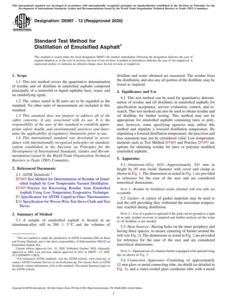 ASTM D6997-12(2020) - Standard Test Method for Distillation of Emulsified Asphalt