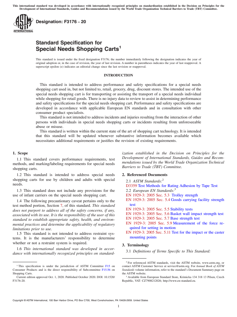 ASTM F3176-20 - Standard Specification for  Special Needs Shopping Carts