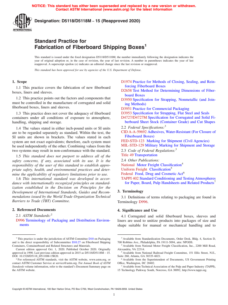 ASTM D5118/D5118M-15(2020) - Standard Practice for  Fabrication of Fiberboard Shipping Boxes