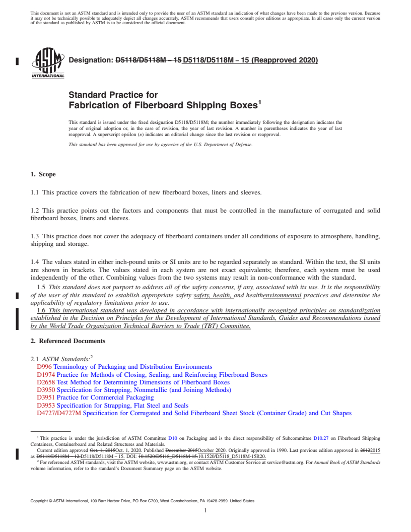 REDLINE ASTM D5118/D5118M-15(2020) - Standard Practice for  Fabrication of Fiberboard Shipping Boxes