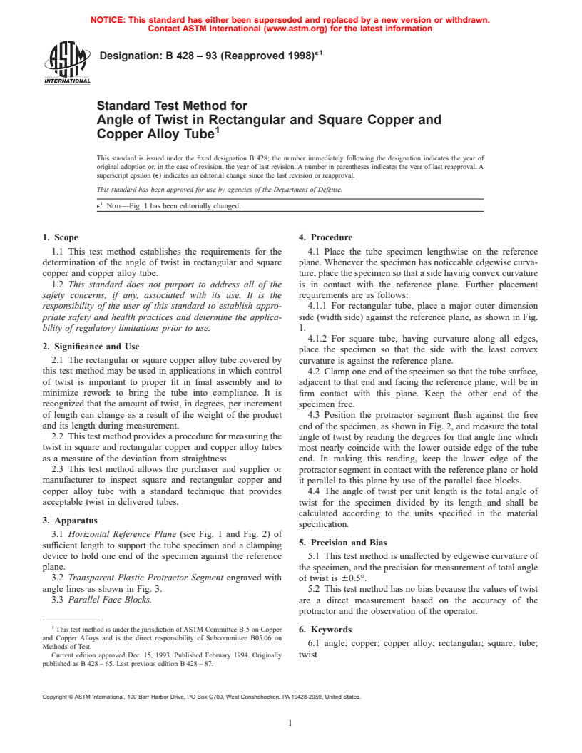 ASTM B428-93(1998)e1 - Standard Test Method for Angle of Twist in Rectangular and Square Copper and Copper Alloy Tube