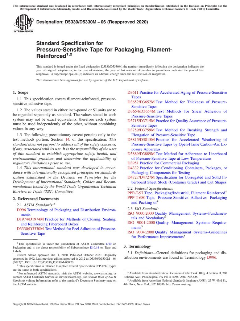 ASTM D5330/D5330M-06(2020) - Standard Specification for  Pressure-Sensitive Tape for Packaging, Filament-Reinforced