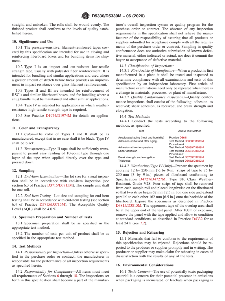 ASTM D5330/D5330M-06(2020) - Standard Specification for  Pressure-Sensitive Tape for Packaging, Filament-Reinforced