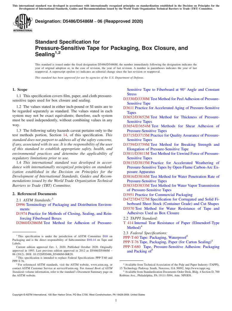 ASTM D5486/D5486M-06(2020) - Standard Specification for  Pressure-Sensitive Tape for Packaging, Box Closure, and Sealing