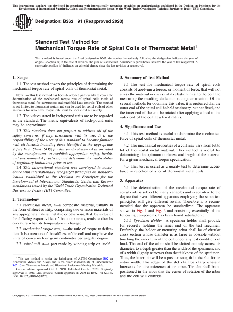 ASTM B362-91(2020) - Standard Test Method for Mechanical Torque Rate of Spiral Coils of Thermostat Metal