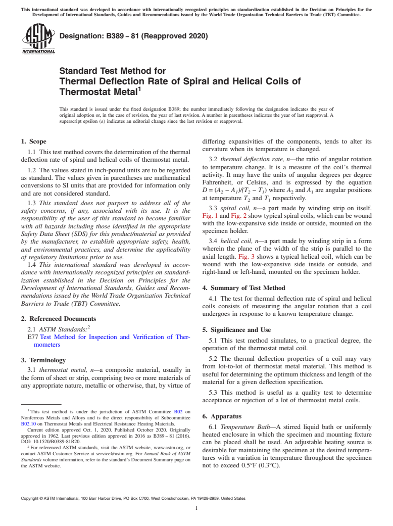 ASTM B389-81(2020) - Standard Test Method for Thermal Deflection Rate of Spiral and Helical Coils of Thermostat  Metal