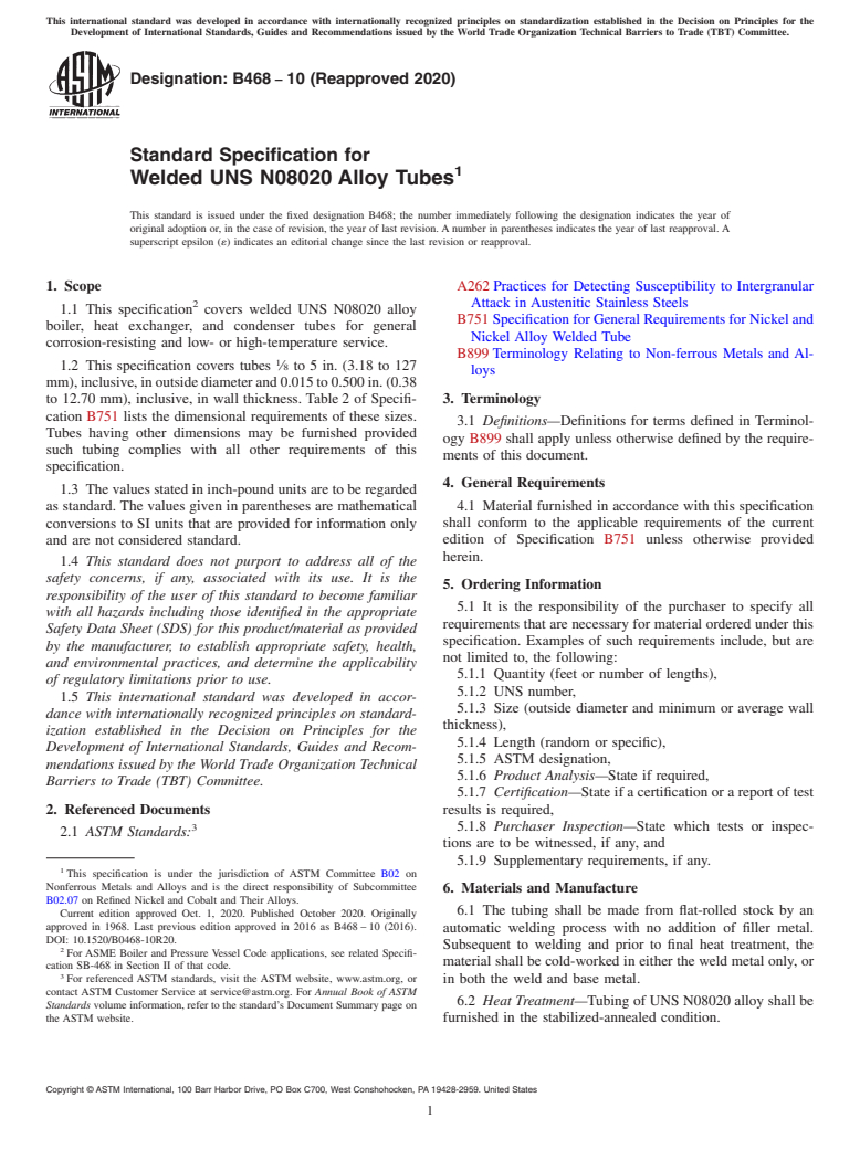 ASTM B468-10(2020) - Standard Specification for Welded UNS N08020 Alloy Tubes