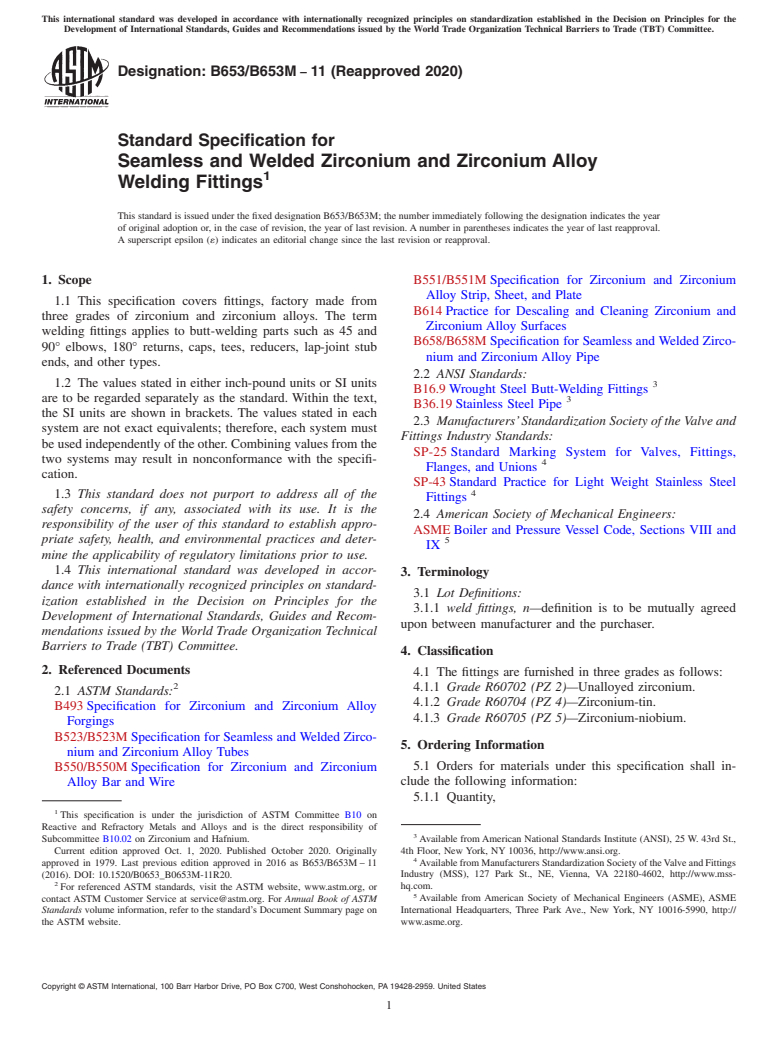 ASTM B653/B653M-11(2020) - Standard Specification for Seamless and Welded Zirconium and Zirconium Alloy Welding Fittings