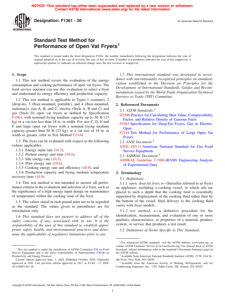 ASTM F1361-20 - Standard Test Method for  Performance of Open Vat Fryers