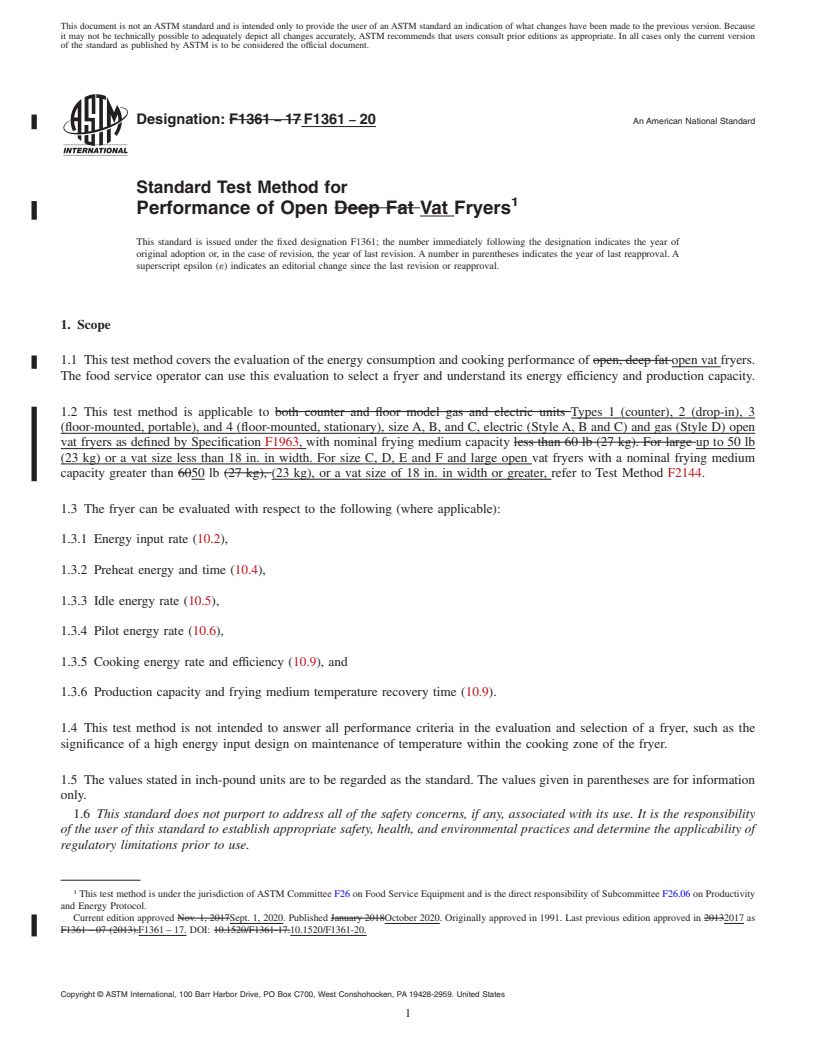 REDLINE ASTM F1361-20 - Standard Test Method for  Performance of Open Vat Fryers