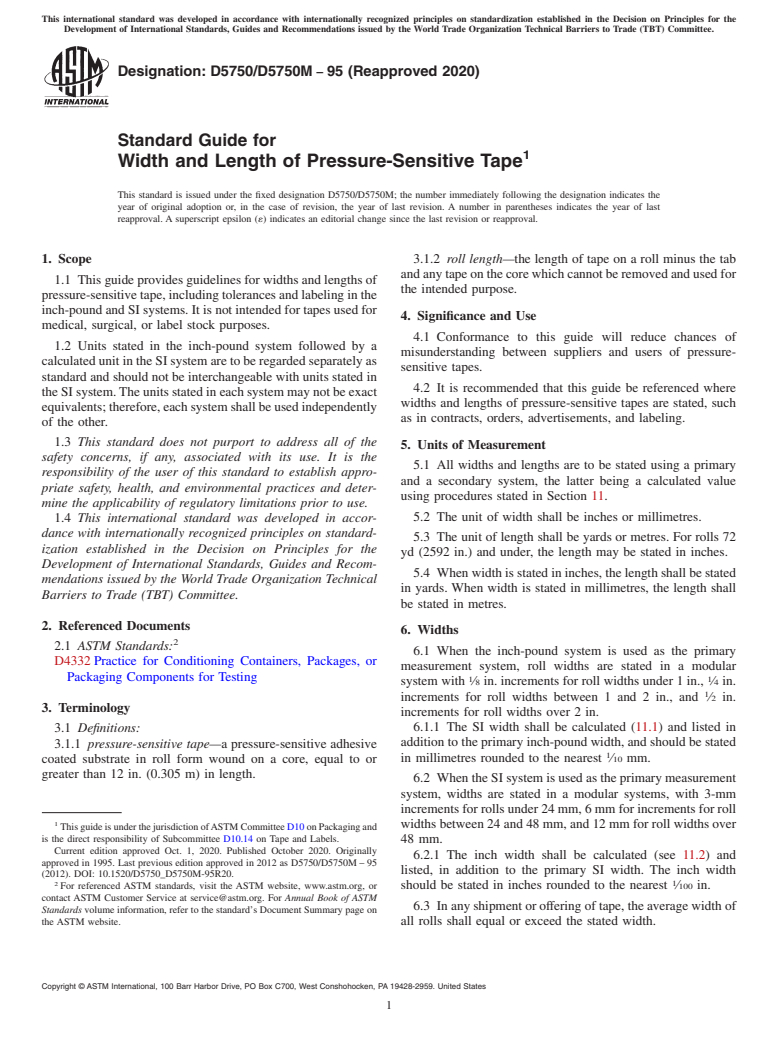 ASTM D5750/D5750M-95(2020) - Standard Guide for  Width and Length of Pressure-Sensitive Tape