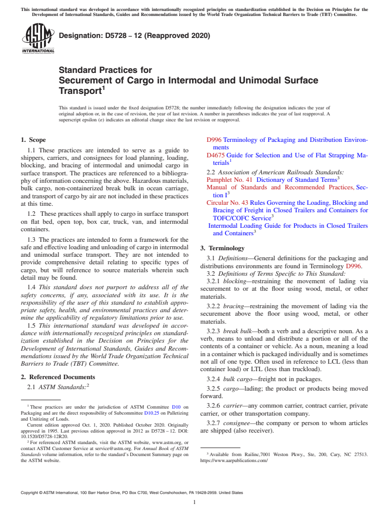 ASTM D5728-12(2020) - Standard Practices for  Securement of Cargo in Intermodal and Unimodal Surface Transport