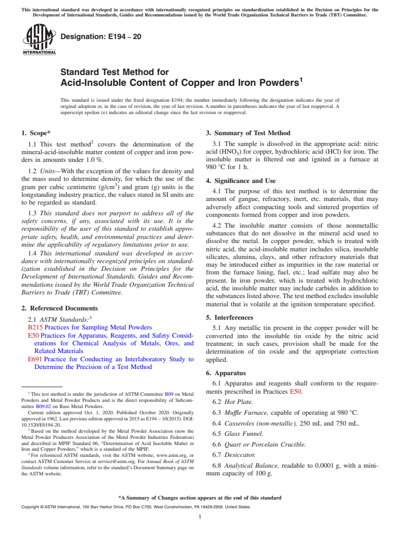 ASTM E194-20 - Standard Test Method for  Acid-Insoluble Content of Copper and Iron Powders
