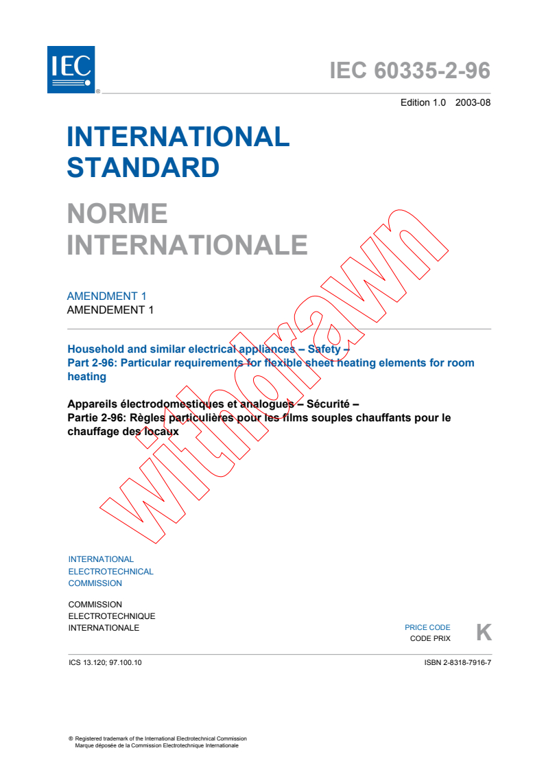 IEC 60335-2-96:2002/AMD1:2003 - Amendment 1 - Household and similar electrical appliances - Safety - Part 2-96: Particular requirements for flexible sheet heating elements for room heating
Released:8/20/2003
Isbn:2831879167