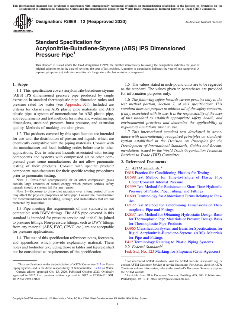 ASTM F2969-12(2020) - Standard Specification for Acrylonitrile-Butadiene-Styrene (ABS) IPS Dimensioned Pressure  Pipe