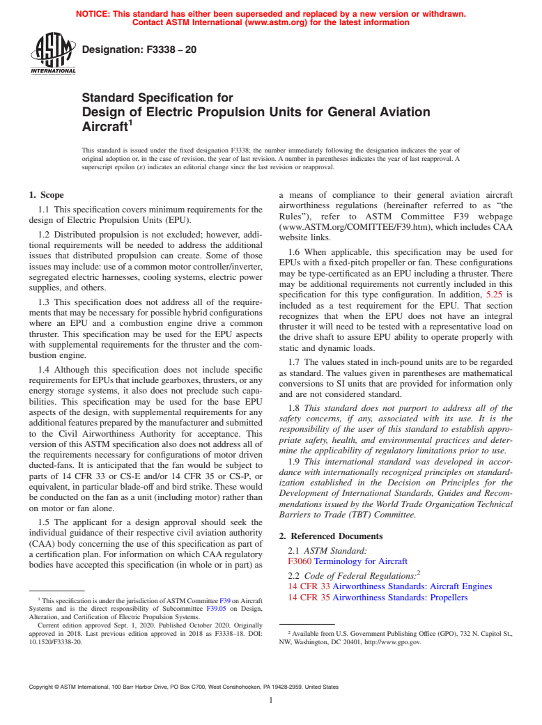 ASTM F3338-20 - Standard Specification for Design of Electric Propulsion Units for General Aviation Aircraft