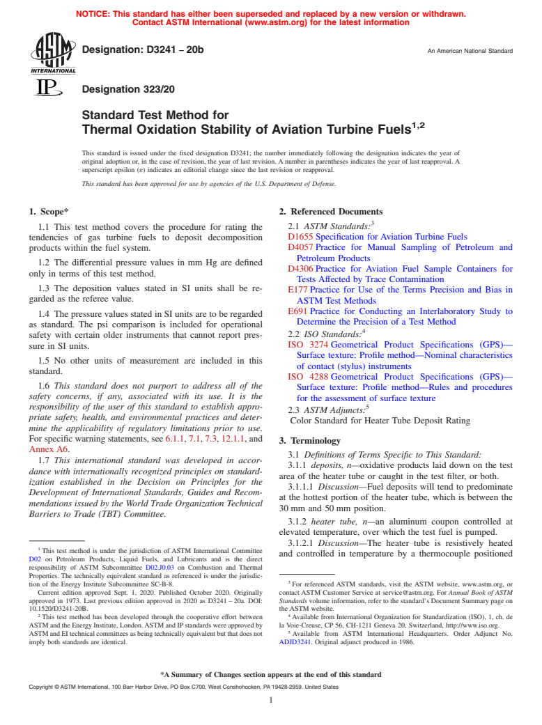 ASTM D3241-20b - Standard Test Method for Thermal Oxidation Stability of Aviation Turbine Fuels