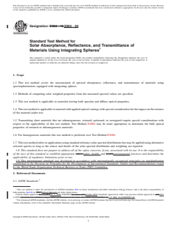 ASTM E903-20 REDLINE ASTM E903-20 - Standard Test Method for Solar Absorptance, Reflectance, and Transmittance of Materials Using Integrating Spheres - Page 1 preview