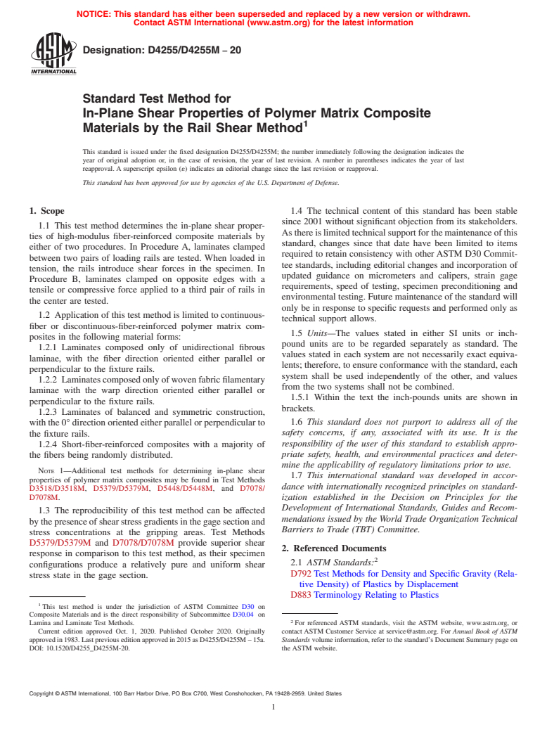 ASTM D4255/D4255M-20 - Standard Test Method for  In-Plane Shear Properties of Polymer Matrix Composite Materials  by the Rail Shear Method