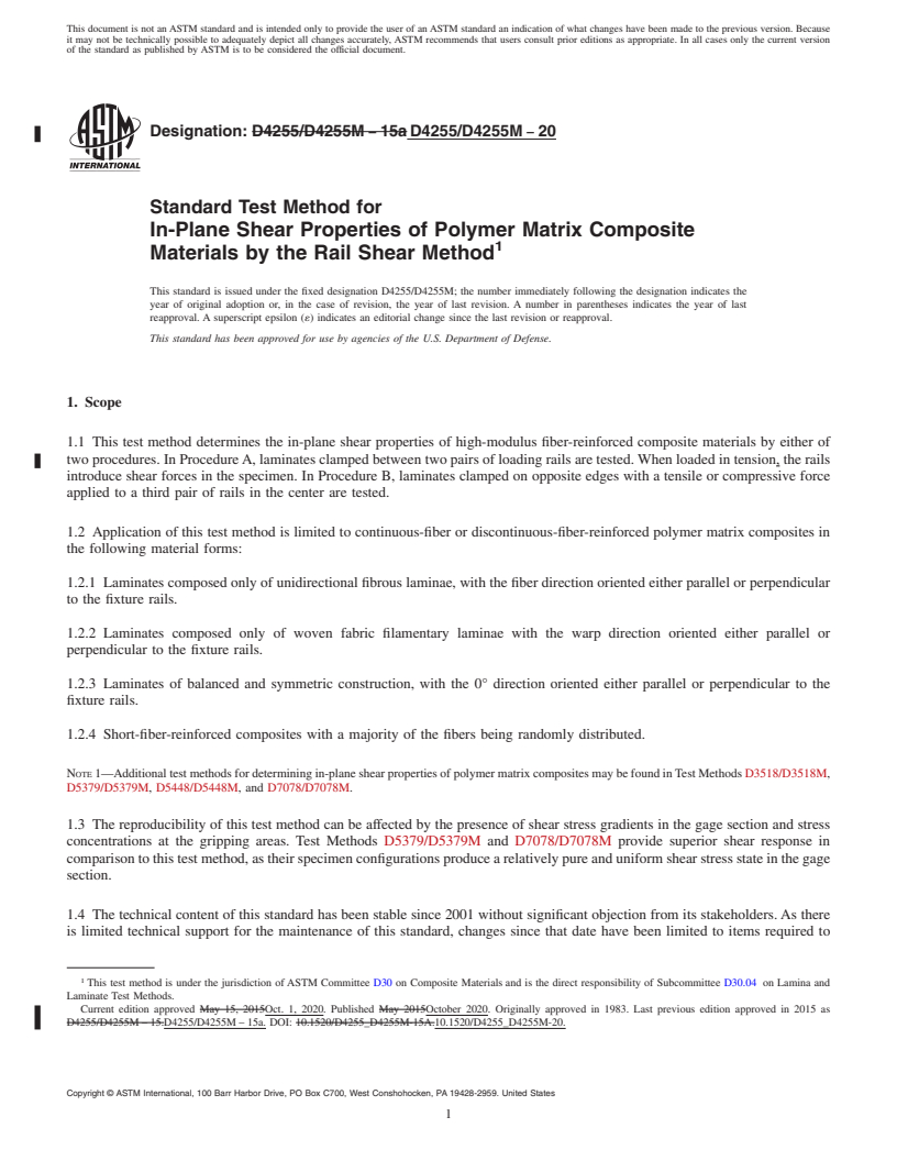 REDLINE ASTM D4255/D4255M-20 - Standard Test Method for  In-Plane Shear Properties of Polymer Matrix Composite Materials  by the Rail Shear Method