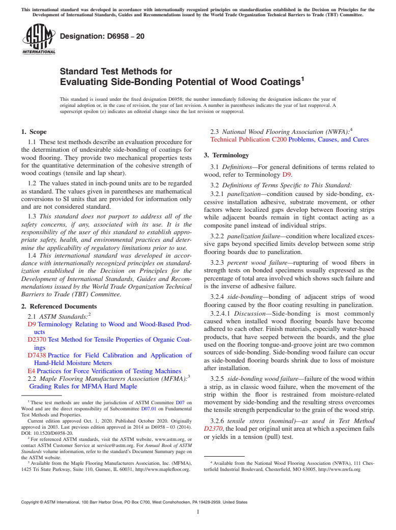 ASTM D6958-20 - Standard Test Methods for Evaluating Side-Bonding Potential of Wood Coatings