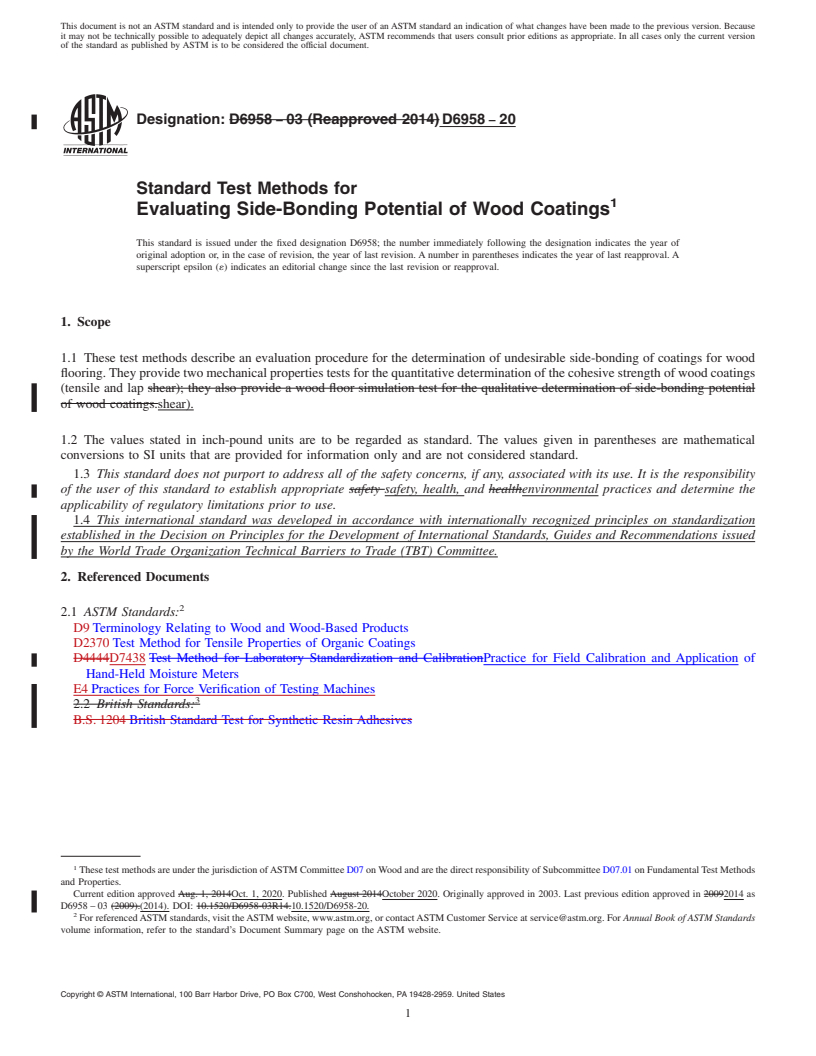 REDLINE ASTM D6958-20 - Standard Test Methods for Evaluating Side-Bonding Potential of Wood Coatings