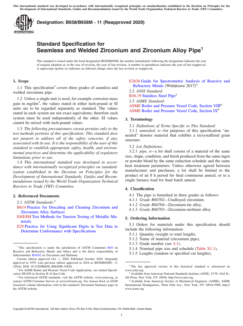 ASTM B658/B658M-11(2020) - Standard Specification for Seamless and Welded Zirconium and Zirconium Alloy Pipe