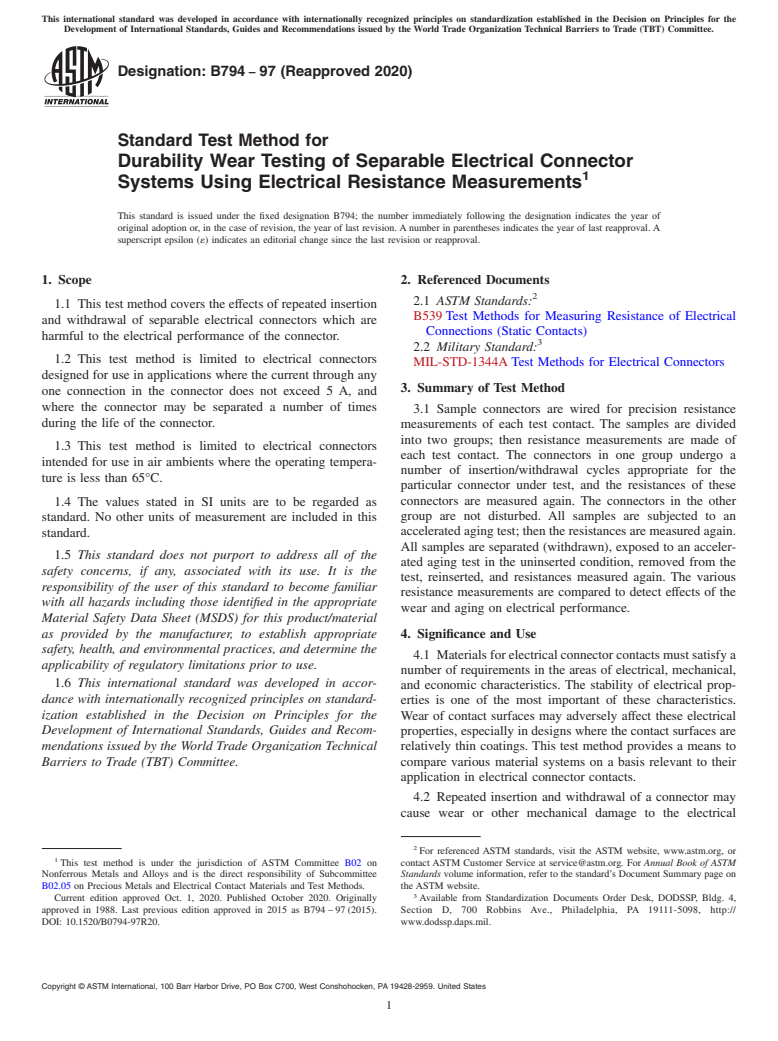 ASTM B794-97(2020) - Standard Test Method for Durability Wear Testing of Separable Electrical Connector Systems  Using    Electrical Resistance Measurements