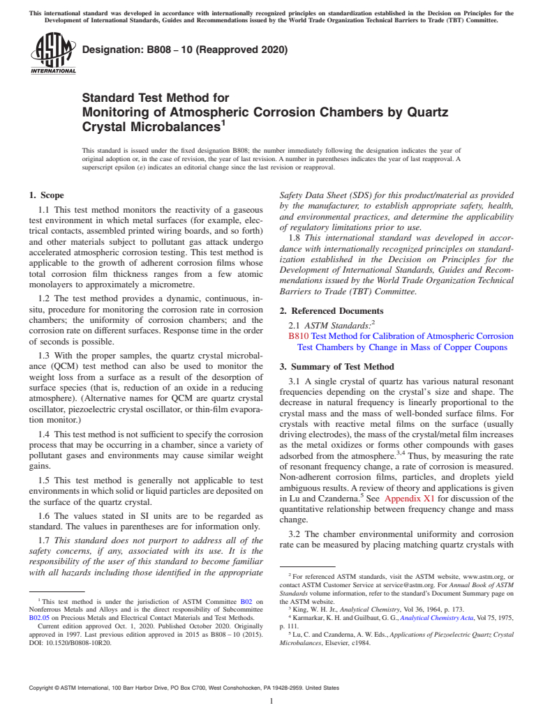 ASTM B808-10(2020) - Standard Test Method for Monitoring of Atmospheric Corrosion Chambers by Quartz Crystal  Microbalances