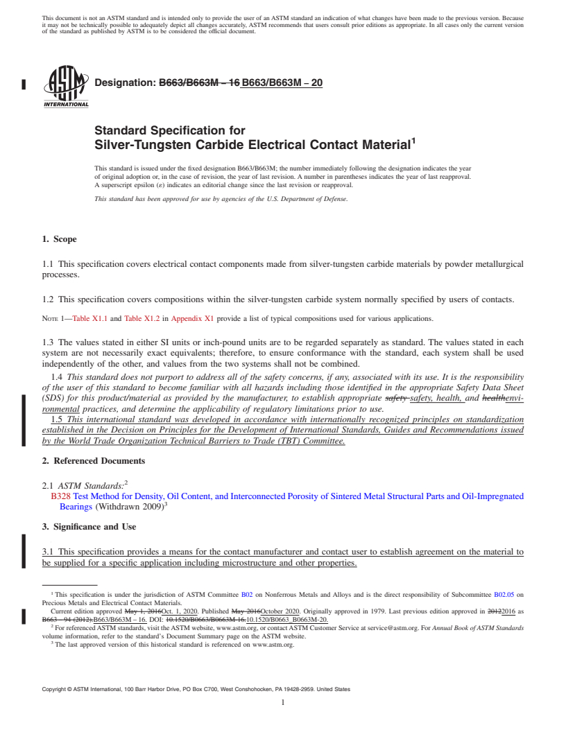 REDLINE ASTM B663/B663M-20 - Standard Specification for Silver-Tungsten Carbide Electrical Contact Material