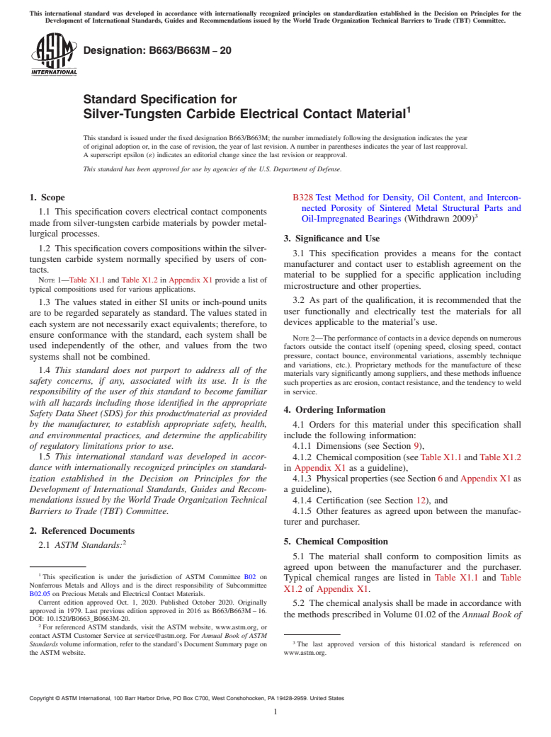 ASTM B663/B663M-20 - Standard Specification for Silver-Tungsten Carbide Electrical Contact Material