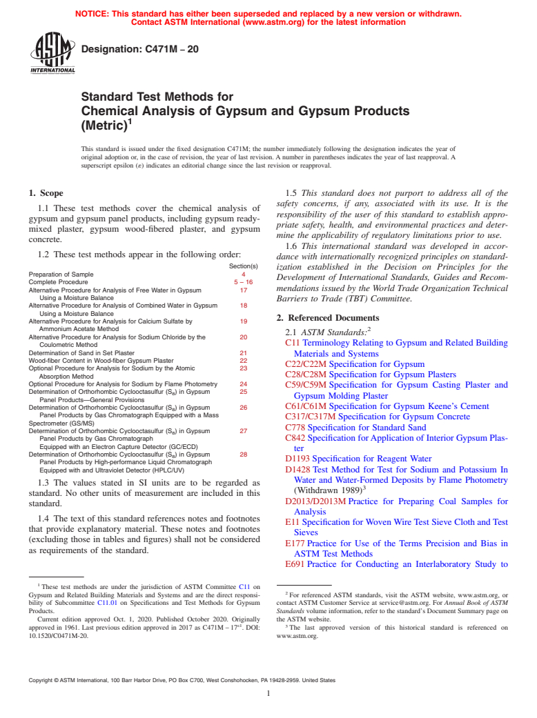 ASTM C471M-20 - Standard Test Methods for  Chemical Analysis of Gypsum and Gypsum Products (Metric)