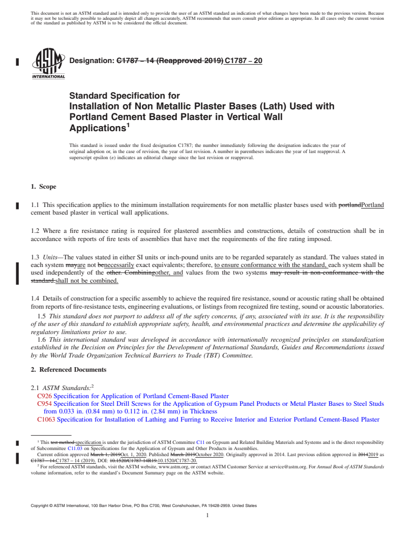 REDLINE ASTM C1787-20 - Standard Specification for Installation of Non Metallic Plaster Bases (Lath) Used with  Portland Cement Based Plaster in Vertical Wall Applications