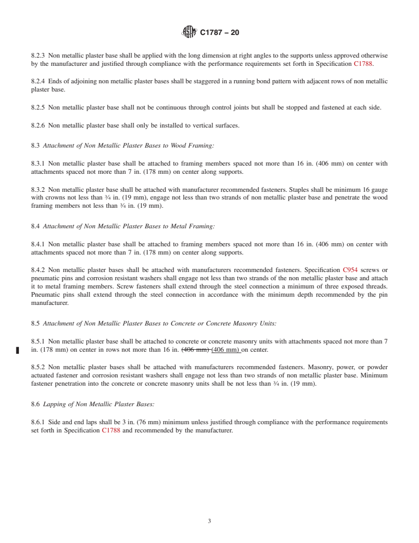 REDLINE ASTM C1787-20 - Standard Specification for Installation of Non Metallic Plaster Bases (Lath) Used with  Portland Cement Based Plaster in Vertical Wall Applications