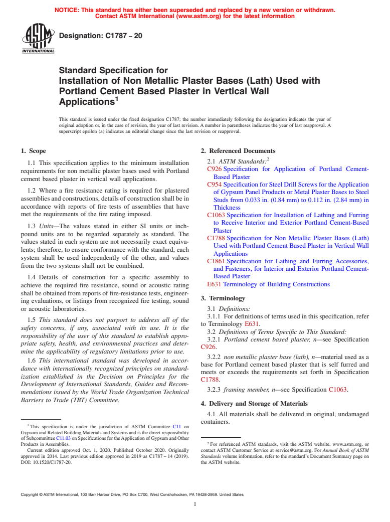 ASTM C1787-20 - Standard Specification for Installation of Non Metallic Plaster Bases (Lath) Used with  Portland Cement Based Plaster in Vertical Wall Applications