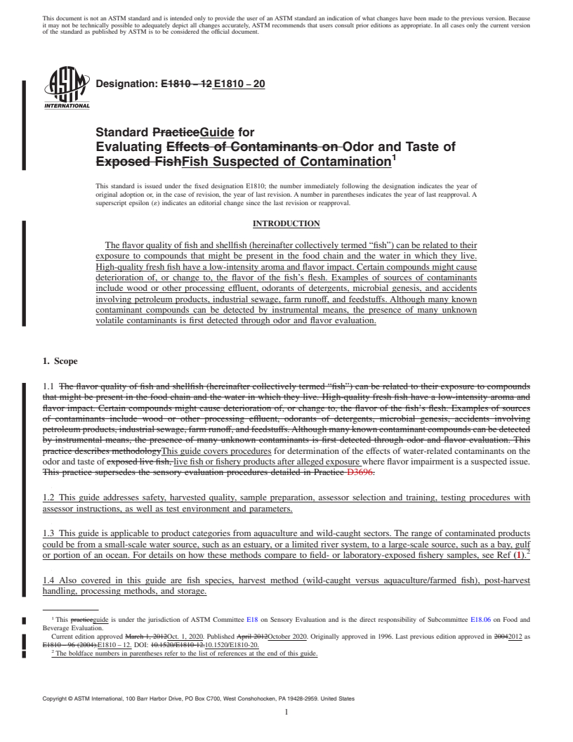 REDLINE ASTM E1810-20 - Standard Guide for  Evaluating Odor and Taste of Fish Suspected of Contamination