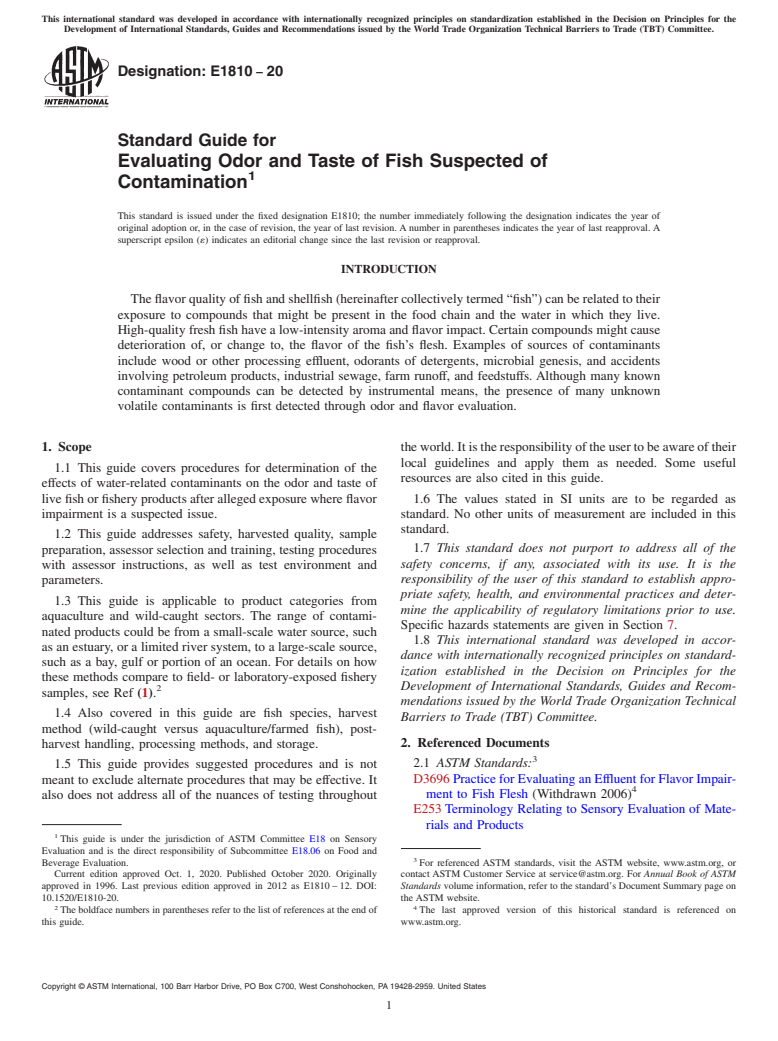 ASTM E1810-20 - Standard Guide for  Evaluating Odor and Taste of Fish Suspected of Contamination