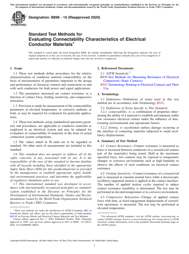 ASTM B896-10(2020) - Standard Test Methods for Evaluating Connectability Characteristics of Electrical Conductor  Materials