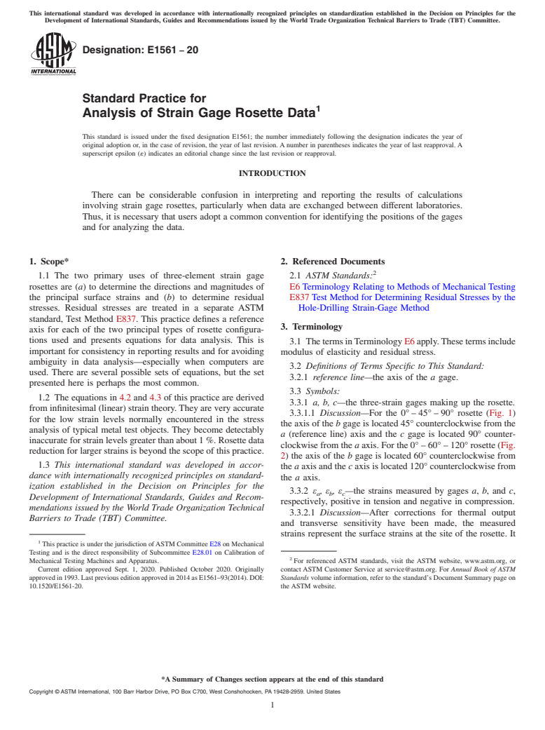 ASTM E1561-20 - Standard Practice for  Analysis of Strain Gage Rosette Data
