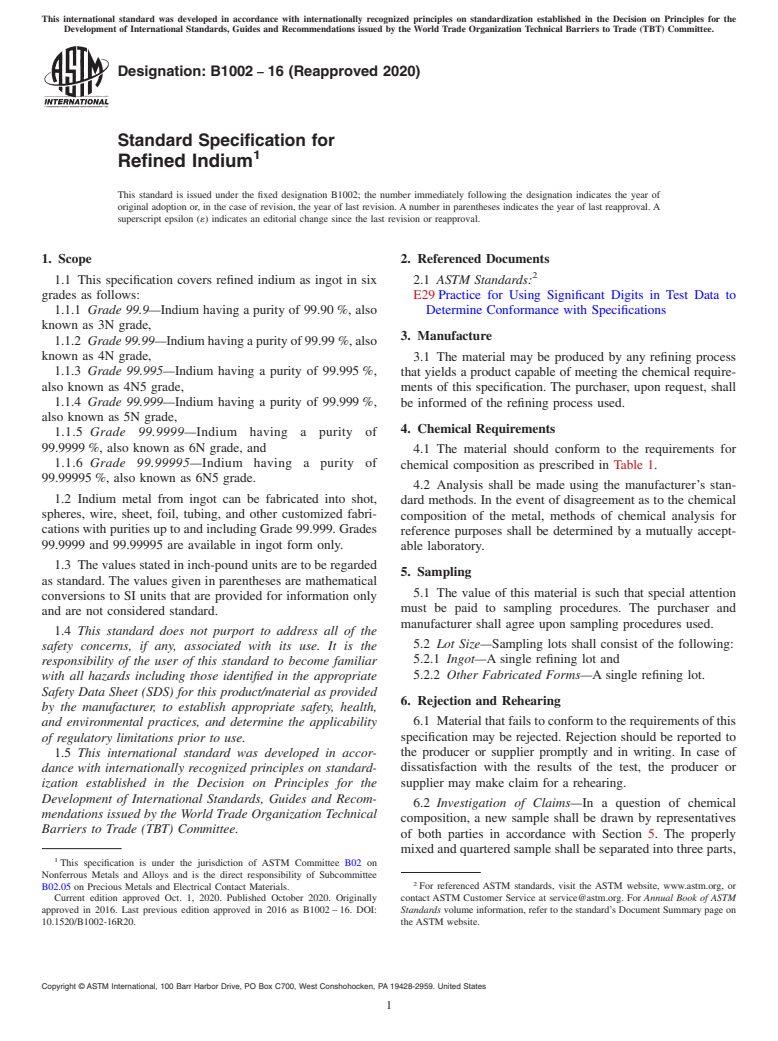 ASTM B1002-16(2020) - Standard Specification for Refined Indium