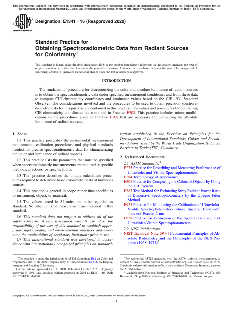 ASTM E1341-16(2020) - Standard Practice for Obtaining Spectroradiometric Data from Radiant Sources for   Colorimetry