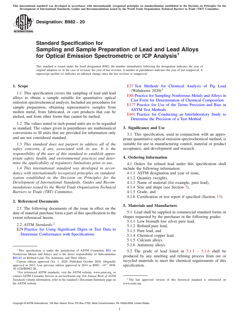 ASTM B982-20 - Standard Specification for Sampling and Sample Preparation of Lead and Lead Alloys for  Optical Emission Spectrometric or ICP Analysis
