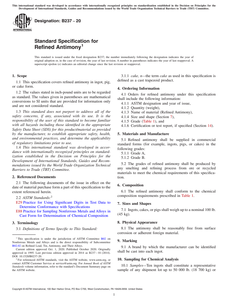 ASTM B237-20 - Standard Specification for Refined Antimony