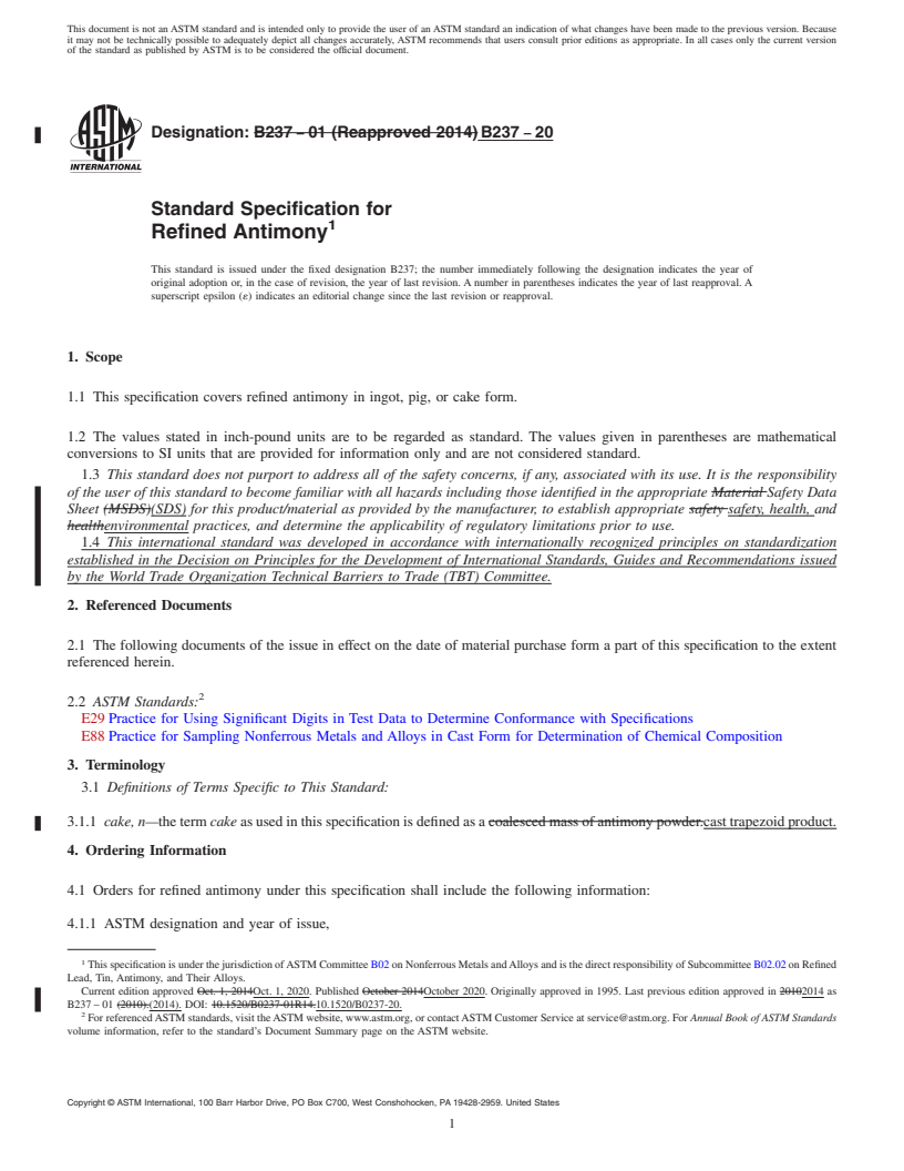 REDLINE ASTM B237-20 - Standard Specification for Refined Antimony