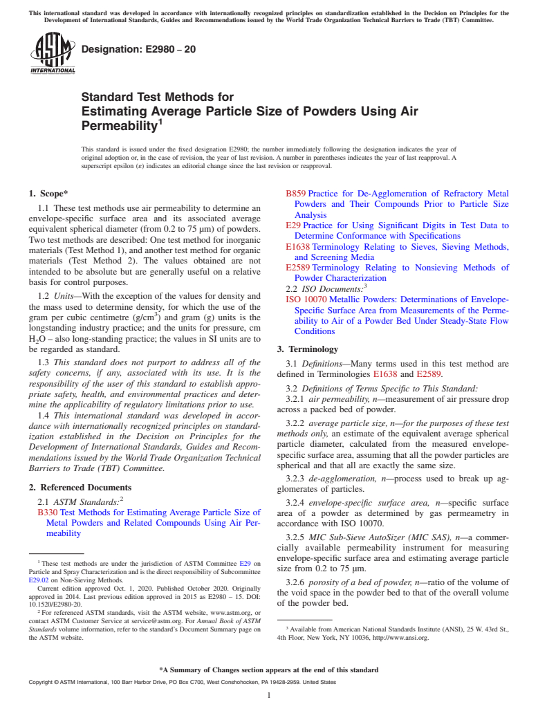 ASTM E2980-20 - Standard Test Methods for Estimating Average Particle Size of Powders Using Air Permeability