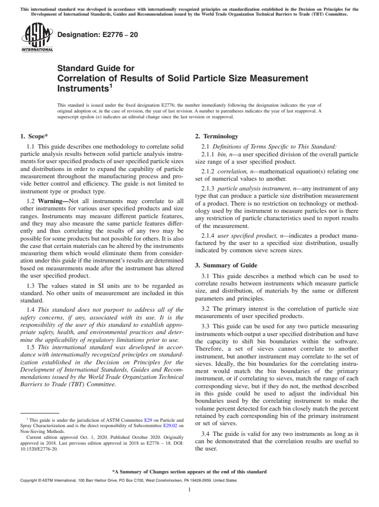 ASTM E2776-20 - Standard Guide for Correlation of Results of Solid Particle Size Measurement Instruments